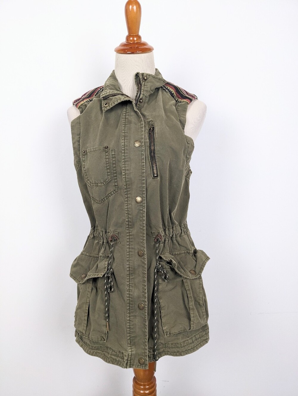 Roots Olive Green Utility Vest Pockets Serape Size Small